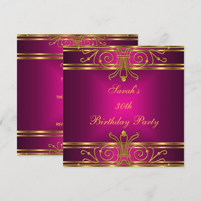 Elegant 30th Birthday Fuchsia Pink Gold Art Deco Invitation (Front/Back)