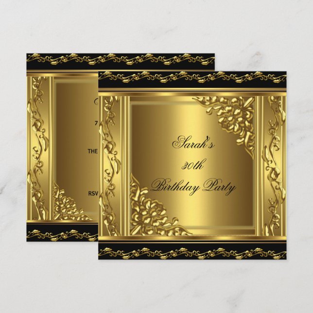 Elegant 30th Birthday Gold Black Gold Floral 3 Invitation (Front/Back)