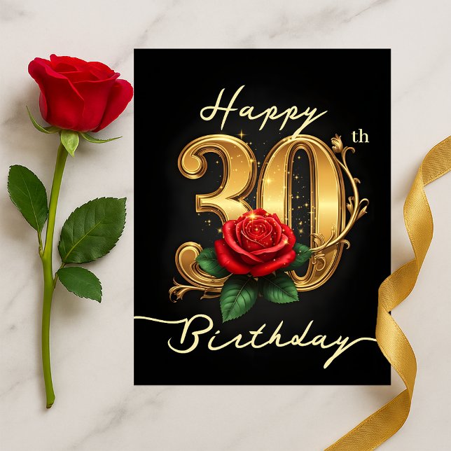 Elegant 30th Birthday Gold Script Red Floral Postcard (Creator Uploaded)
