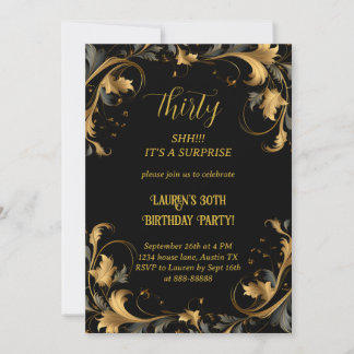 Elegant 30th Birthday Modern Black Gold Surprise Invitation