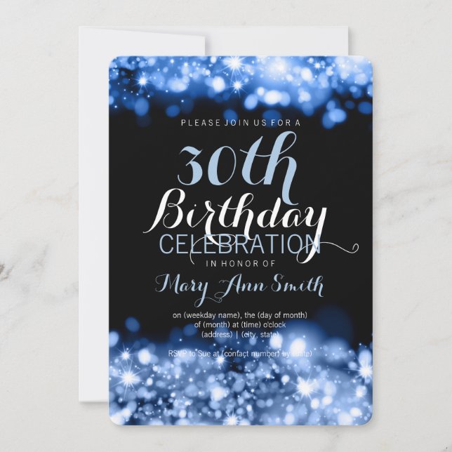 Elegant 30th Birthday Party Blue Sparkling Lights Invitation (Front)