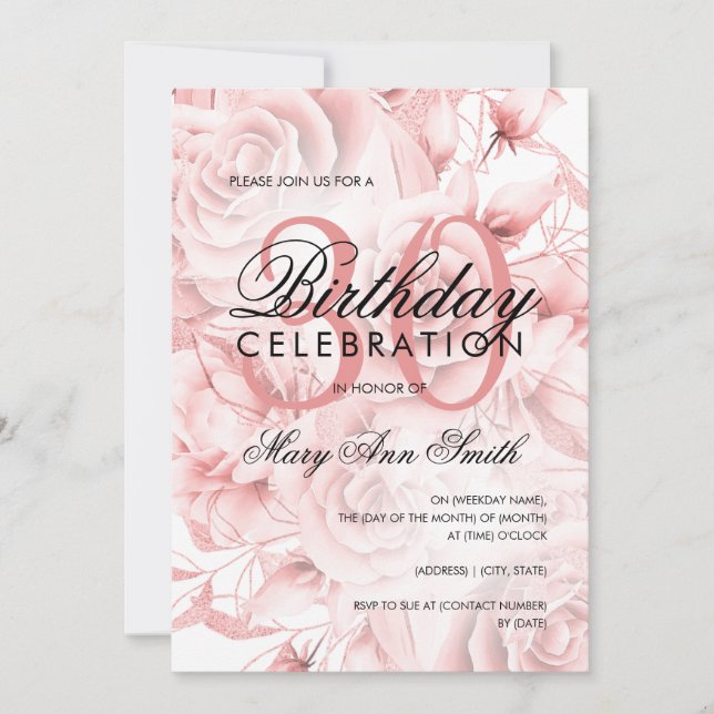 Elegant 30th Birthday Party Floral Rose Gold  Invitation (Front)
