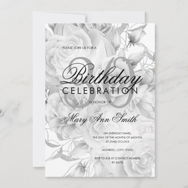 Elegant 30th Birthday Party Floral Silver White Invitation (Front)