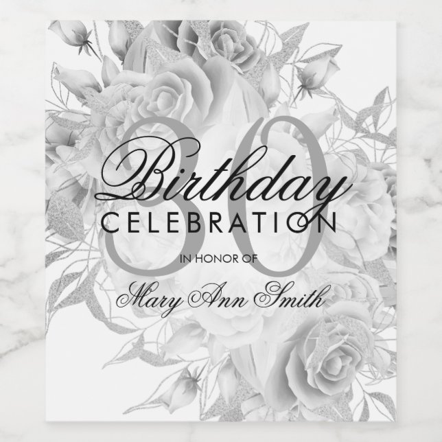 Elegant 30th Birthday Party Floral Silver White Wine Label (Single Label)