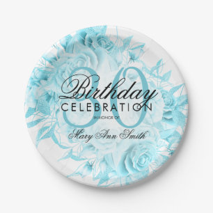 Elegant 30th Birthday Party Floral Teal  Paper Plate