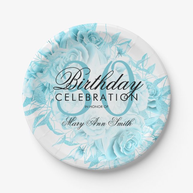 Elegant 30th Birthday Party Floral Teal  Paper Plate (Front)