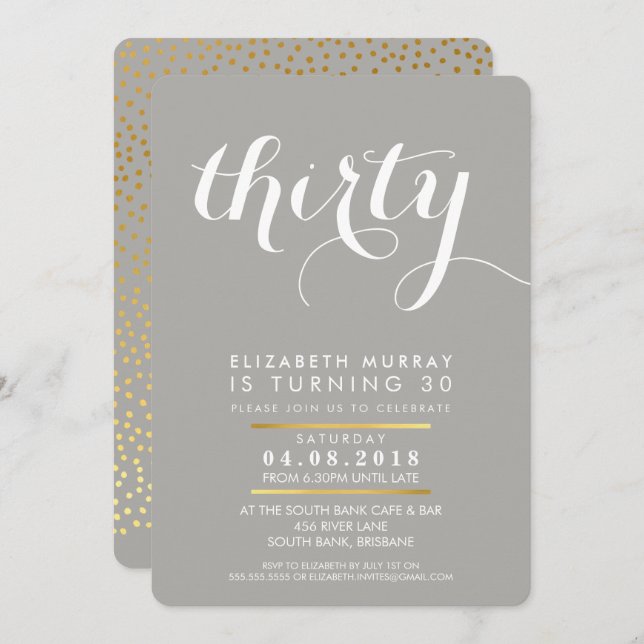 ELEGANT 30TH birthday party INVITE script grey (Front/Back)