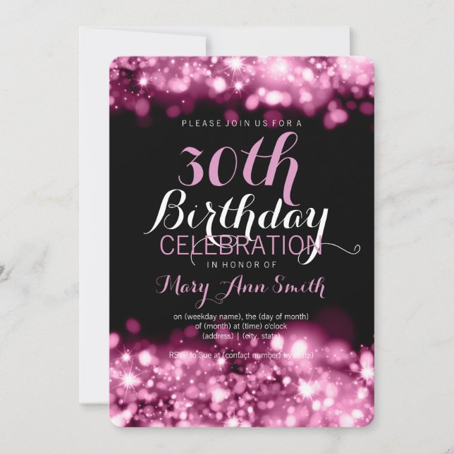 Elegant 30th Birthday Party Pink Sparkling Lights Invitation (Front)