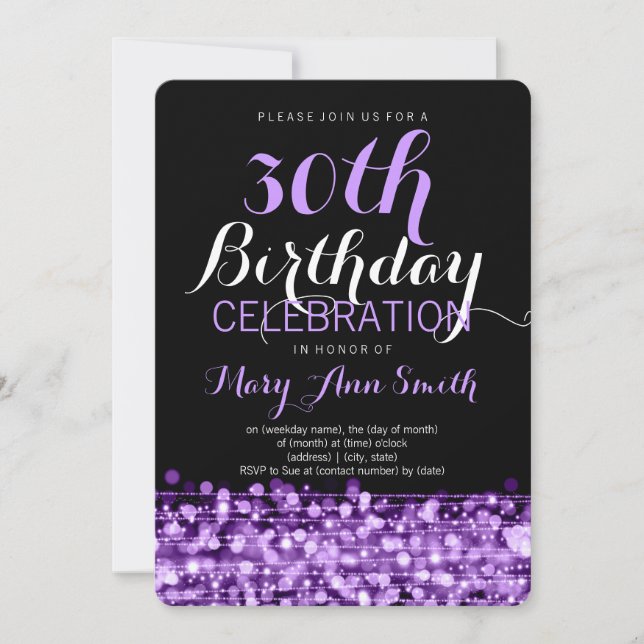 Elegant 30th Birthday Party Sparkles Purple Invitation (Front)