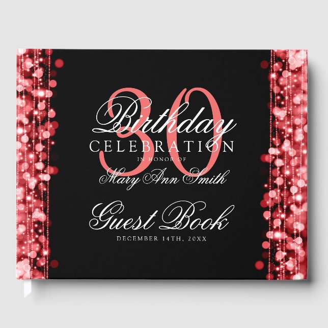 Elegant 30th Birthday Party Sparkles Red Guest Book (Front)