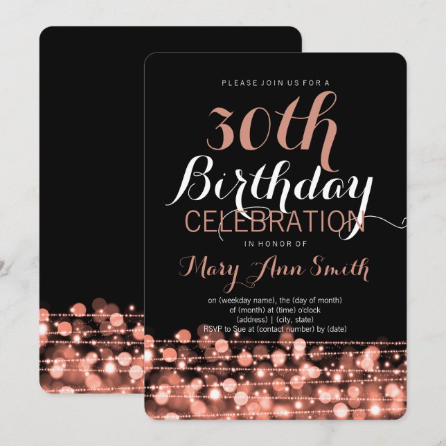 Elegant 30th Birthday Party Sparkles Rose Gold Invitation (Front/Back)