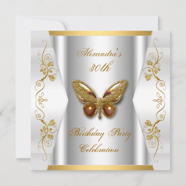 Elegant 30th Birthday Party White Gold Butterfly Invitation (Front)