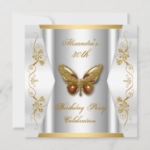 Elegant 30th Birthday Party White Gold Butterfly Invitation