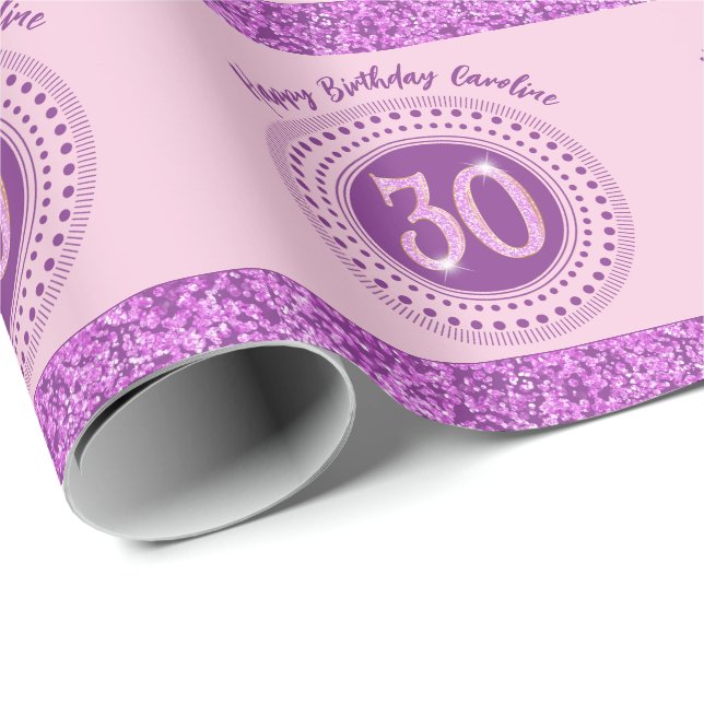 Elegant 30th Birthday Pink Glitter with Stripes Wrapping Paper (Roll Corner)