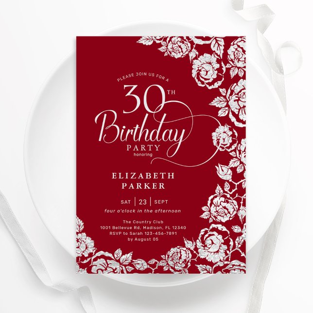 Elegant 30th Birthday Red Silver Roses Invitation (Creator Uploaded)