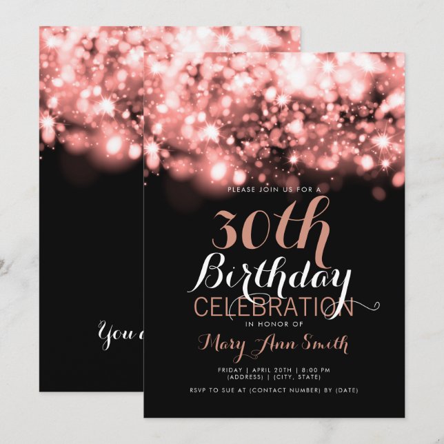 Elegant 30th Birthday Rose Gold Sparkling Lights Invitation (Front/Back)