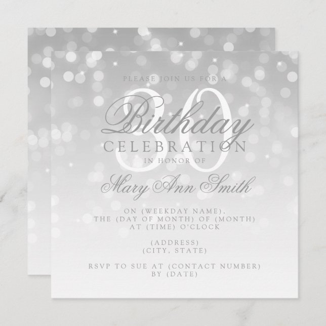 Elegant 30th Birthday Silver Bokeh Sparkle Lights Invitation (Front/Back)