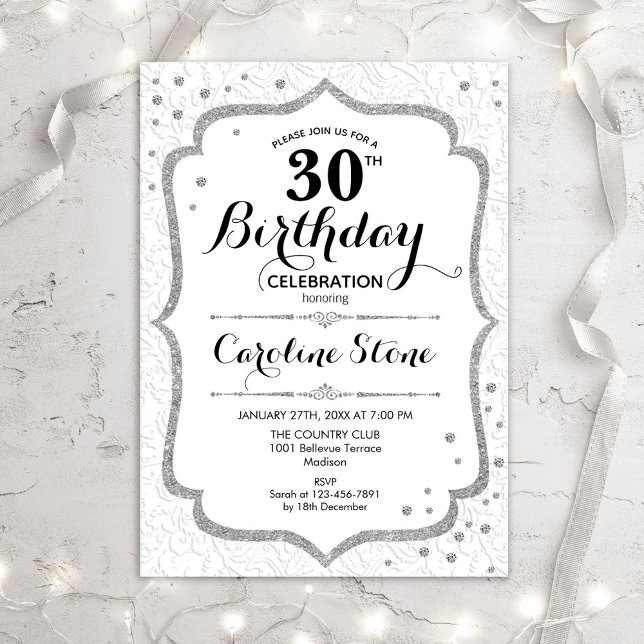 Elegant 30th Birthday - Silver White Invitation (Creator Uploaded)