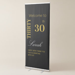 Elegant 30th Birthday Thirty Black & Gold Welcome Retractable Banner