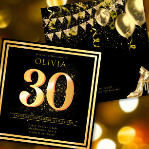 Elegant 30th Gold Black Birthday Invitation