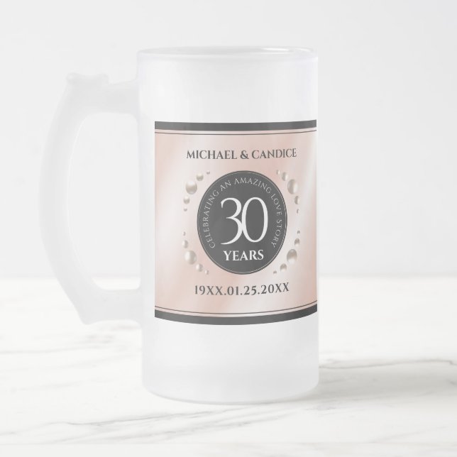 Elegant 30th Pearl Wedding Anniversary Celebration Frosted Glass Beer Mug (Left)