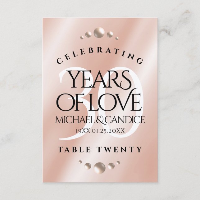 Elegant 30th Pearl Wedding Anniversary Table Card (Front)