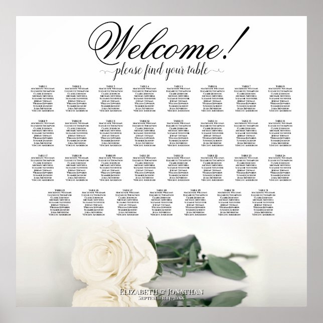Elegant 31 Table White Rose Wedding Seating Chart (Front)