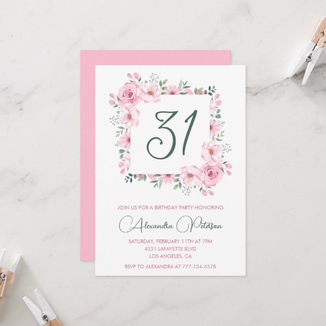 Elegant 31st birthday invitations Floral Pink  (Front/Back In Situ)