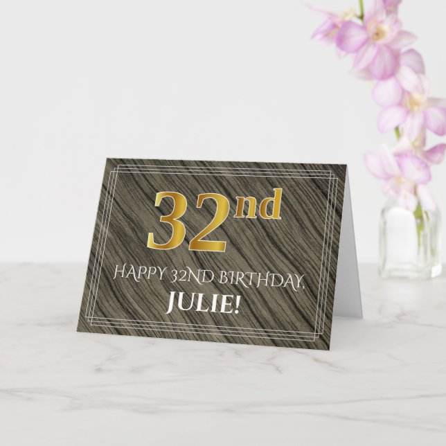 Elegant 32nd Birthday: Faux Wood, Faux Gold Look Card (Orchid)