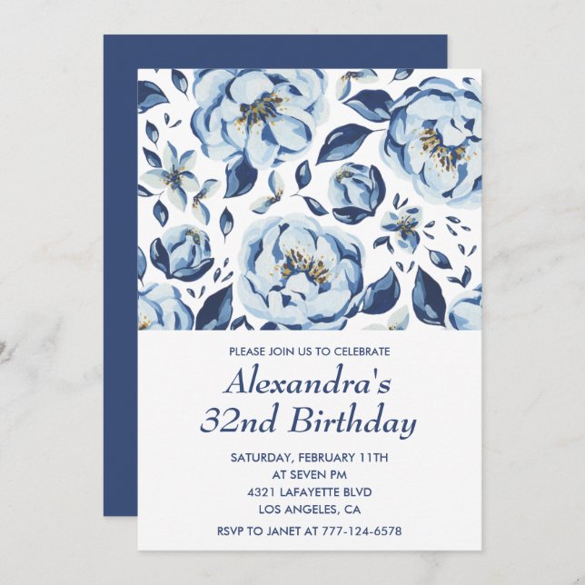 Elegant 32nd birthday invitations Floral Vintage (Front/Back)