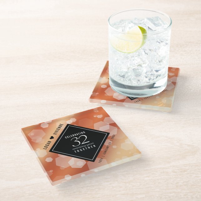 Elegant 32nd Bronze Wedding Anniversary Glass Coaster (Angled)