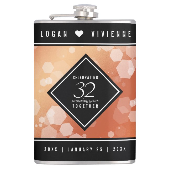 Elegant 32nd Bronze Wedding Anniversary Hip Flask (Front)