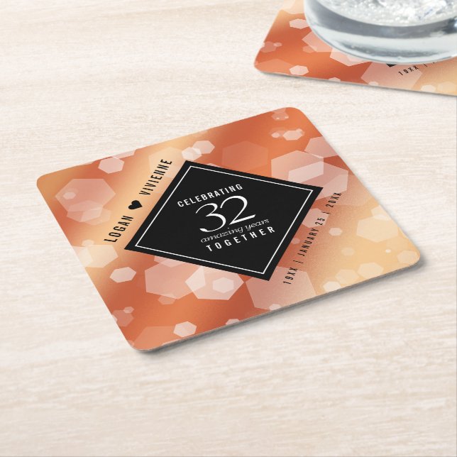 Elegant 32nd Bronze Wedding Anniversary Square Paper Coaster (Angled)