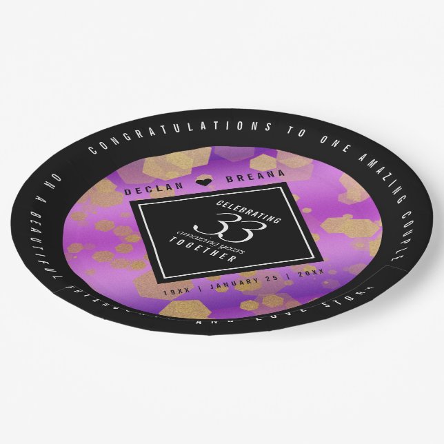 Elegant 33rd Amethyst Wedding Anniversary Paper Plate (Angled)