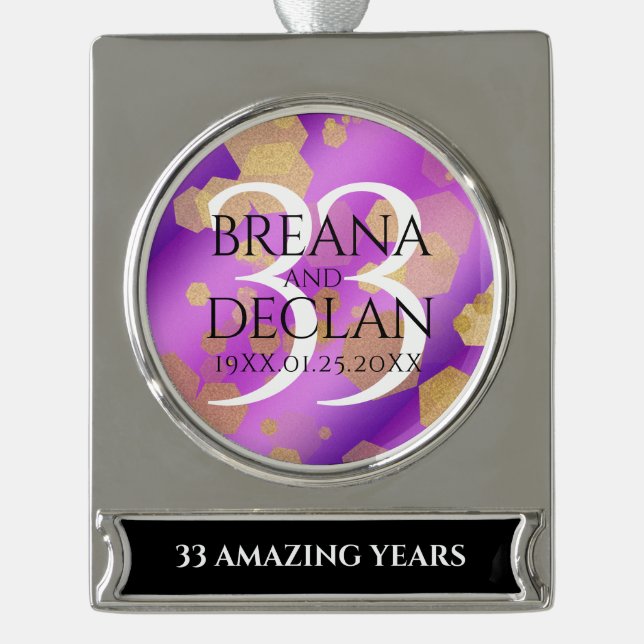 Elegant 33rd Amethyst Wedding Anniversary Silver Plated Banner Ornament (Front)