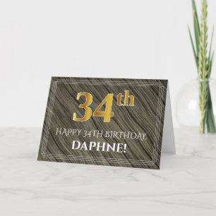 Elegant 34th Birthday: Faux Wood, Faux Gold Look Card