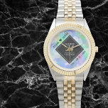 Elegant 34th Opal Wedding Anniversary Celebration Watch<br><div class="desc">Celebrate the 34th opal wedding anniversary and a love that stands the test of time with this stylish watch! Elegant black and white lettering with hexagonal confetti on an iridescent opal background add a memorable touch for this special occasion and extraordinary milestone. Personalise with the couple's names and dates of...</div>
