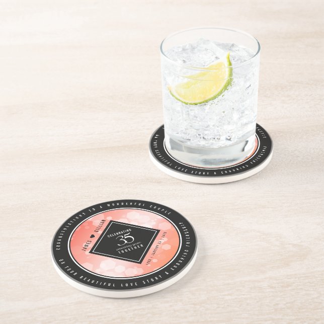 Elegant 35th Coral Wedding Anniversary Celebration Coaster (Side)