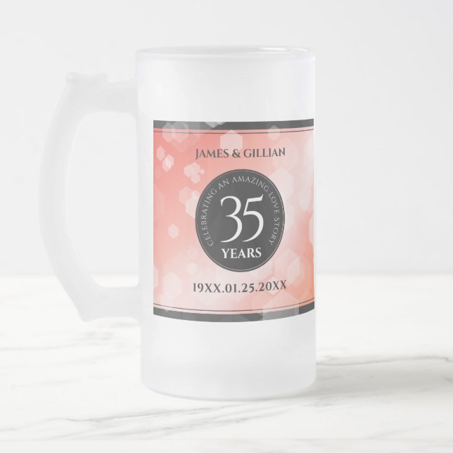 Elegant 35th Coral Wedding Anniversary Celebration Frosted Glass Beer Mug (Left)