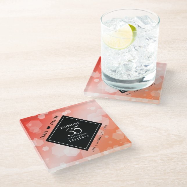 Elegant 35th Coral Wedding Anniversary Celebration Glass Coaster (Angled)