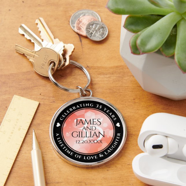 Elegant 35th Coral Wedding Anniversary Celebration Key Ring (Desk)