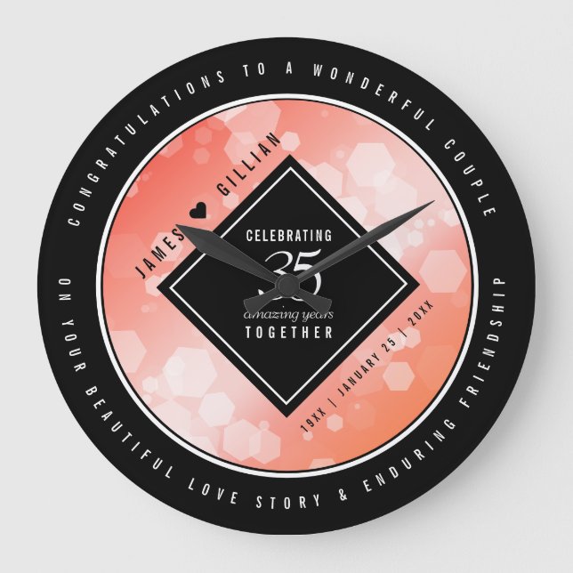 Elegant 35th Coral Wedding Anniversary Celebration Large Clock (Front)