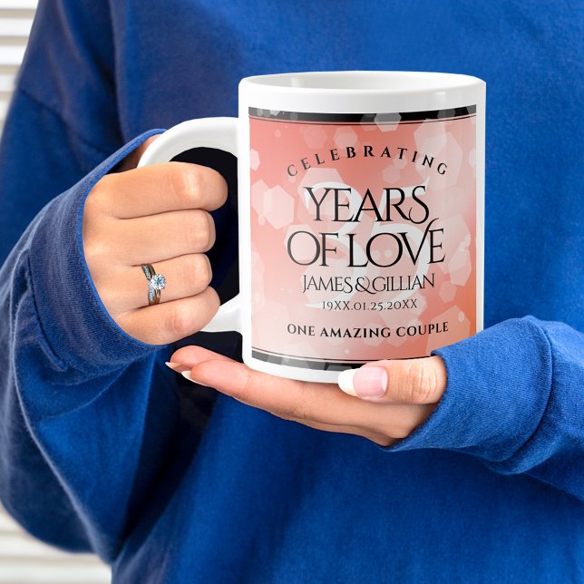 Elegant 35th Coral Wedding Anniversary Celebration Large Coffee Mug (35th wedding anniversary jumbo mug held by woman sporting a wedding ring and blue sweatshirt.)