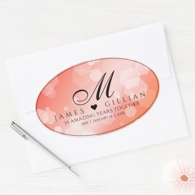 Elegant 35th Coral Wedding Anniversary Celebration Oval Sticker (Envelope)