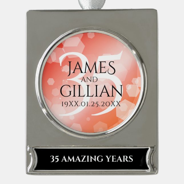 Elegant 35th Coral Wedding Anniversary Celebration Silver Plated Banner Ornament (Front)