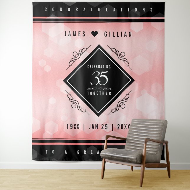 Elegant 35th Coral Wedding Anniversary Celebration Tapestry (In Situ)