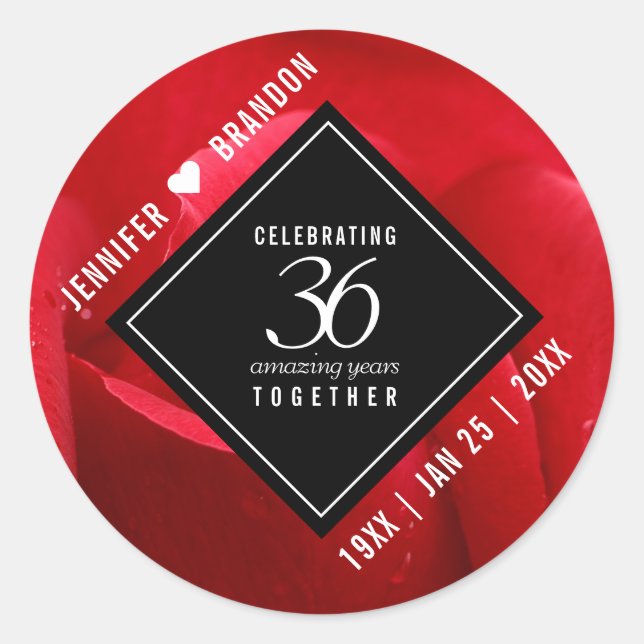 Elegant 36th Rose Wedding Anniversary Celebration Classic Round Sticker (Front)