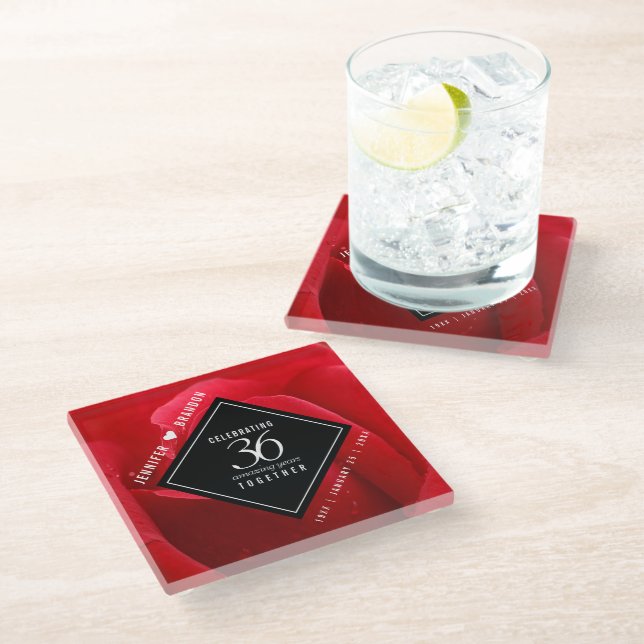 Elegant 36th Rose Wedding Anniversary Celebration Glass Coaster (Angled)