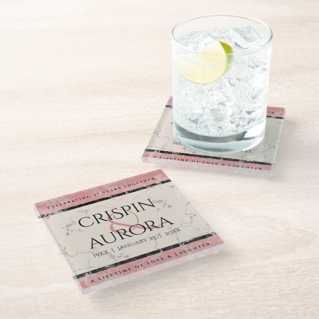 Elegant 37th Alabaster Wedding Anniversary Glass Coaster (Angled)