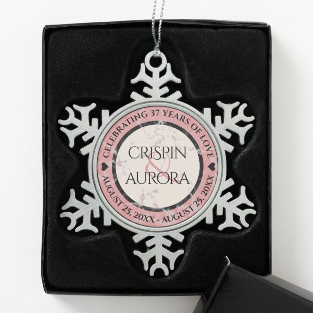 Elegant 37th Alabaster Wedding Anniversary Snowflake Pewter Christmas Ornament (Box)